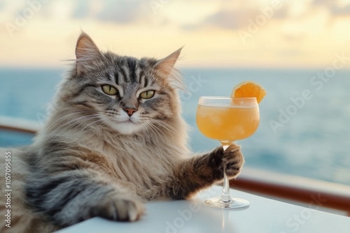 Cat enjoying a tropical vacation on a cruise with a scenic beach backdrop and travel gear