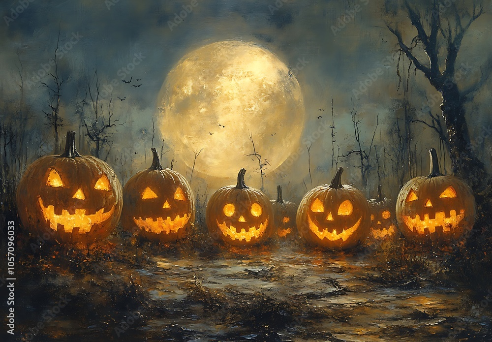 Fototapeta premium A charming group of pumpkins illuminated by a bright moon in the night sky
