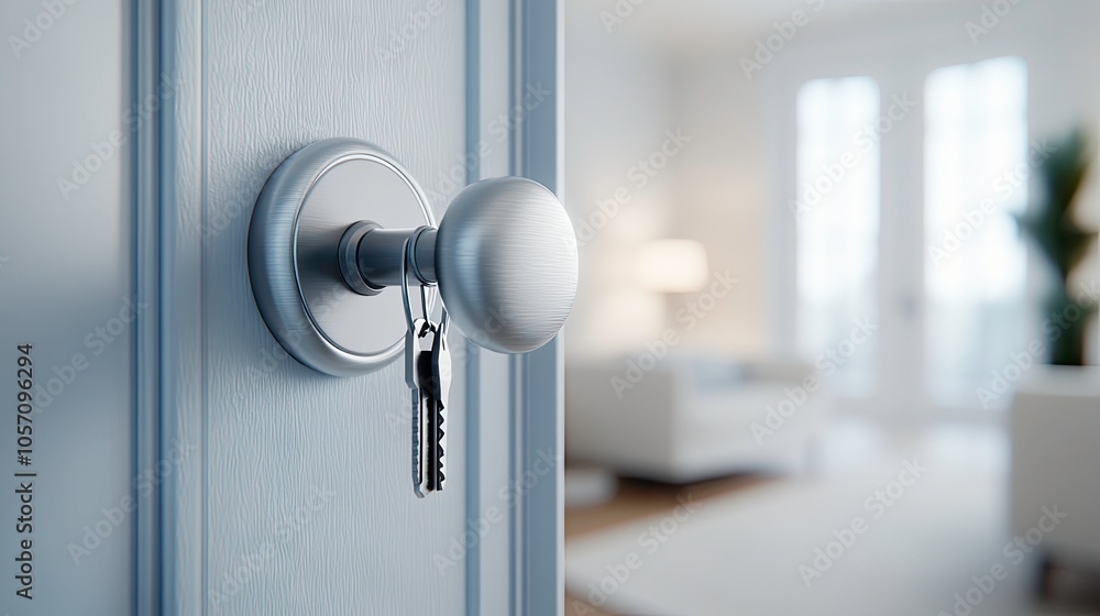 A cozy apartment entrance with a house key hanging invitingly on the door handle against a softly blurred interior backdrop A cozy apartment entrance with a house key hanging invitingly on the door handle against a softly blurred interior backdrop