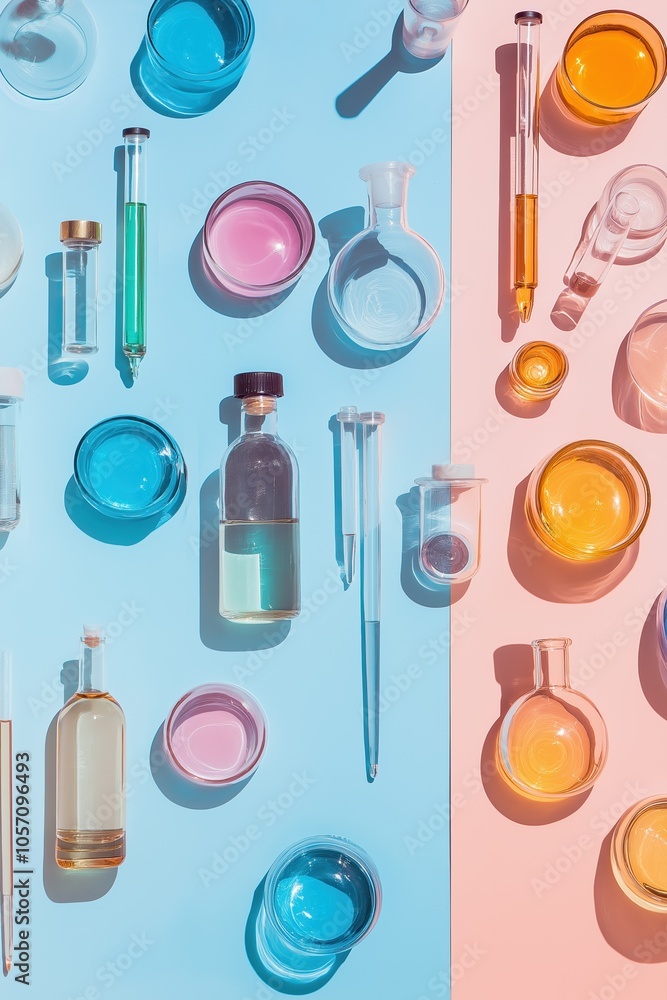 Fototapeta premium A colorful array of lab equipment and bottles, including a bottle of blue liquid, a bottle of green liquid, and a bottle of yellow liquid