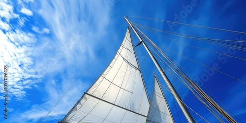 A sailboat with a white sail is flying high in the sky. The sail is long and the sky is blue