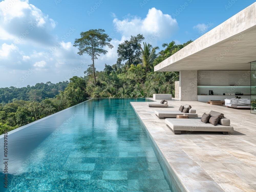 Fototapeta premium Stunning infinity pool with comfortable lounge chairs overlooking a lush tropical forest, creating a serene and luxurious retreat