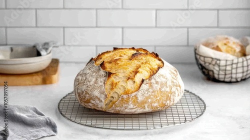 A freshly baked sourdough loaf rests on a cooling rack, showcasing its golden, crispy crust in a minimalist kitchen setting. photo