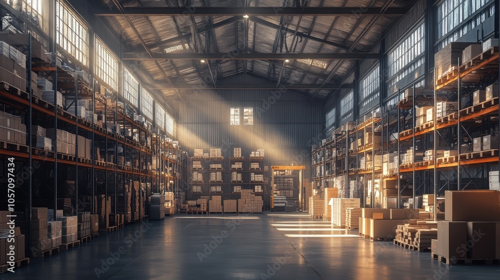Dynamic scene of a warehouse with organized shelves, showcasing efficient inventory management and the flow of goods in action. Dynamic scene of a warehouse with organized shelves, showcasing efficient inventory management and the flow of goods in action.