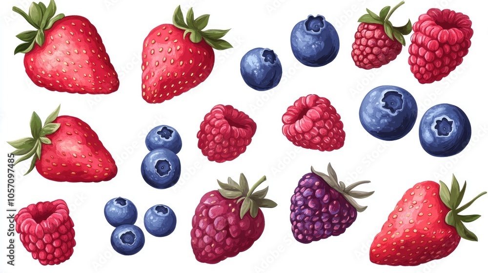 A collection of assorted berries featuring strawberries raspberries and blueberries A collection of assorted berries featuring strawberries raspberries and blueberries