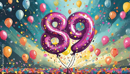 Birthday / anniversary balloon, number 89, colorful illustration with confetti and festive decoration photo