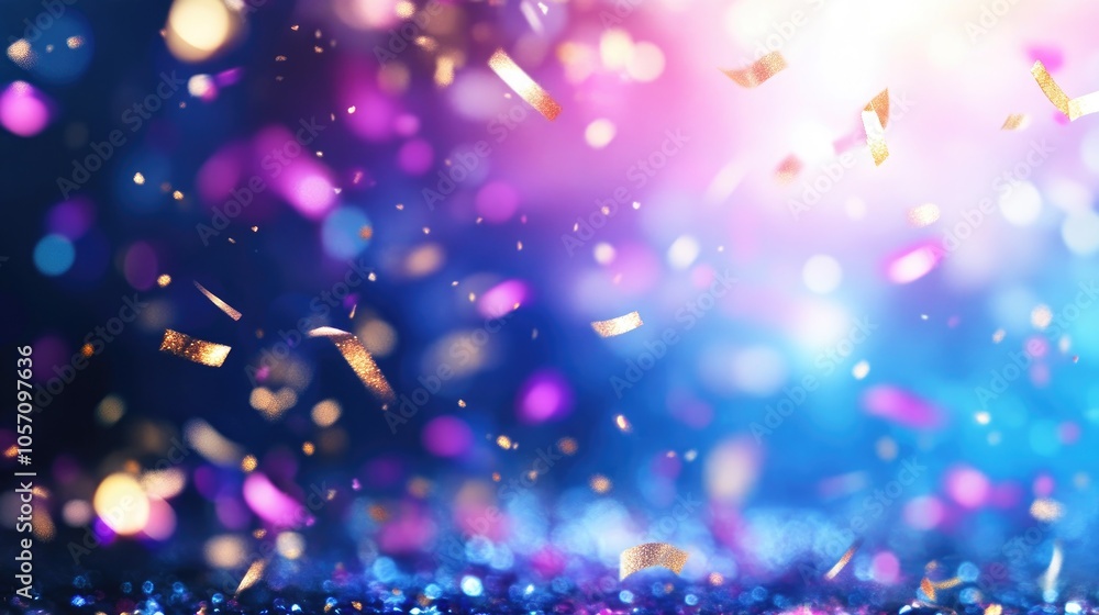 Abstract background featuring shimmering lights and scattered confetti elements Abstract background featuring shimmering lights and scattered confetti elements