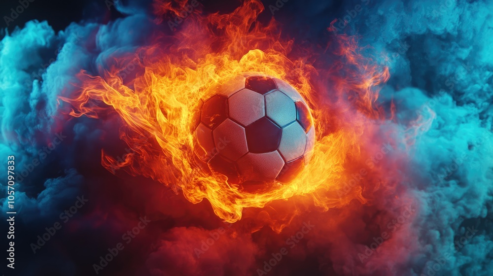Fototapeta premium Soccer ball in a fiery flame on a black background 