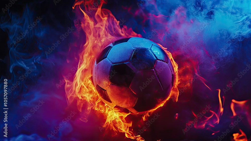 Fototapeta premium Soccer ball in a fiery flame on a black background