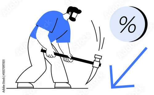 Man breaking ground with a pickaxe beside a percentage symbol and a downward arrow. Ideal for financial decline, debt, economic problems, business struggles, investment losses, recession, corporate