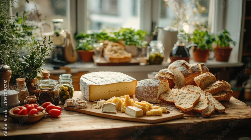 Feast of assorted bread, cheeses, and pickled vegetables on a wooden table, with natural light from window. Feast of assorted bread, cheeses, and pickled vegetables on a wooden table, with natural light from window.