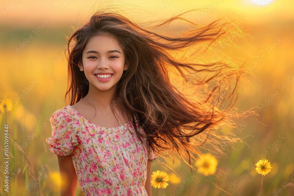Happy girl smiling in a field of sunflowers during sunset. Happy girl smiling in a field of sunflowers during sunset.