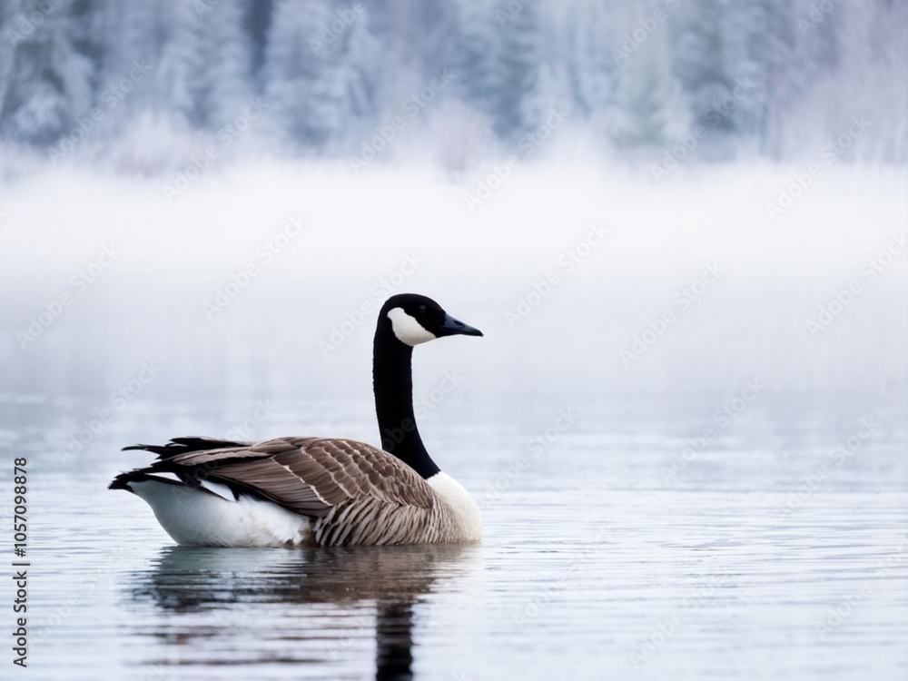 Fototapeta premium Canadian Goose Resting by the Winter Lake