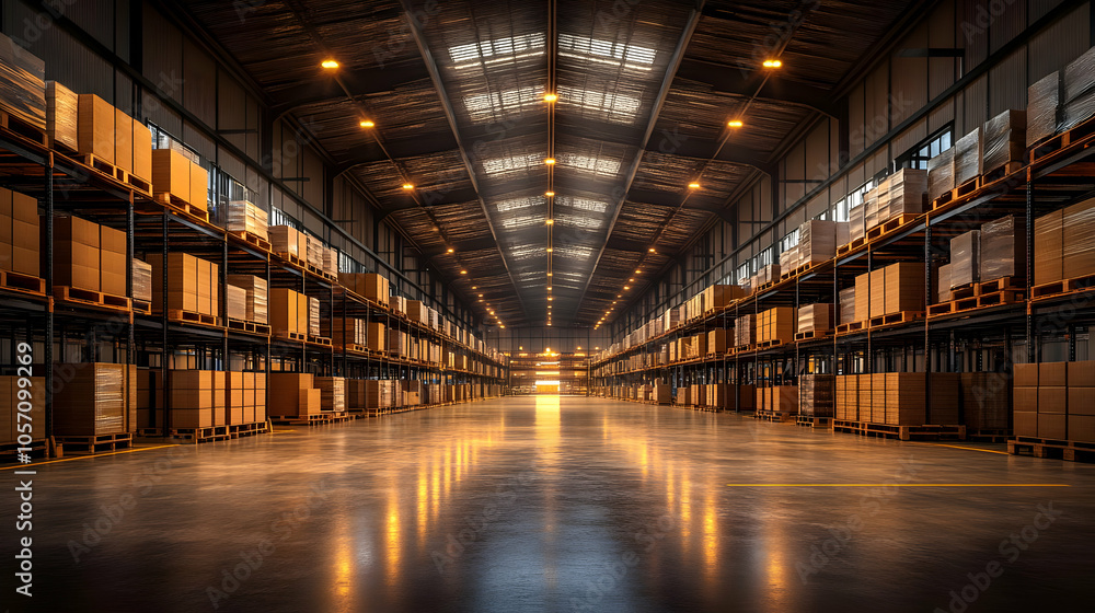 Warehouse Interior with Shelving and Boxes, 3D Illustration Warehouse Interior with Shelving and Boxes, 3D Illustration