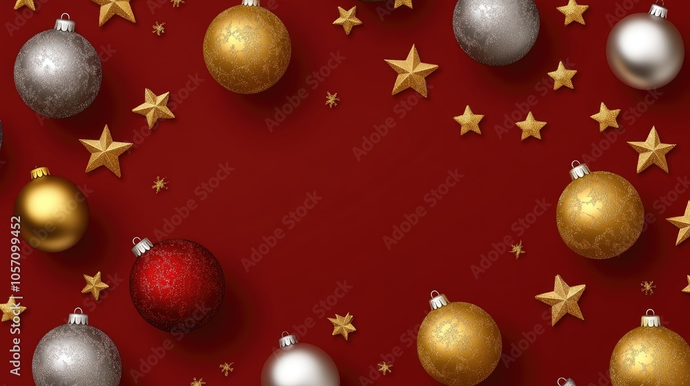 A festive winter wallpaper featuring gold red and silver Christmas ball and star ornaments against a red background A festive winter wallpaper featuring gold red and silver Christmas ball and star ornaments against a red background