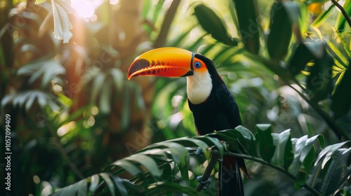 Majestic toucan perched in the wild, its bold colors vivid against the lush, green background of the tropical forest