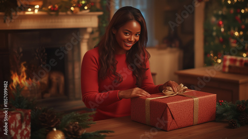 Smiling Woman Wrapping Christmas Present in Festive Living Room