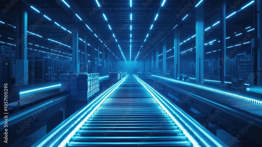 Automated warehouse interior featuring conveyor belts equipped with smart technology and illuminated by blue neon lights directing product movement Automated warehouse interior featuring conveyor belts equipped with smart technology and illuminated by blue neon lights directing product movement