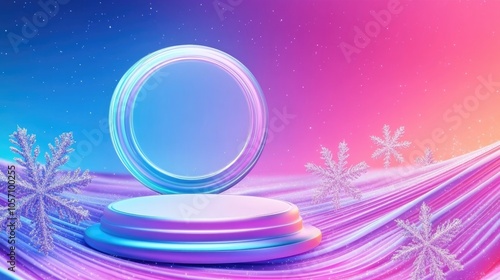 Abstract surreal scene featuring a circular podium surrounded by snowflakes on a diagonal gradient of purple lilac and blue Ideal for trendy beauty product mockup display with ample copy space isom photo