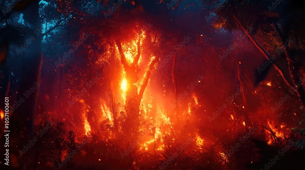 A forest fire rapidly spreads through the woods devouring trees and plants in its intense flames A forest fire rapidly spreads through the woods devouring trees and plants in its intense flames