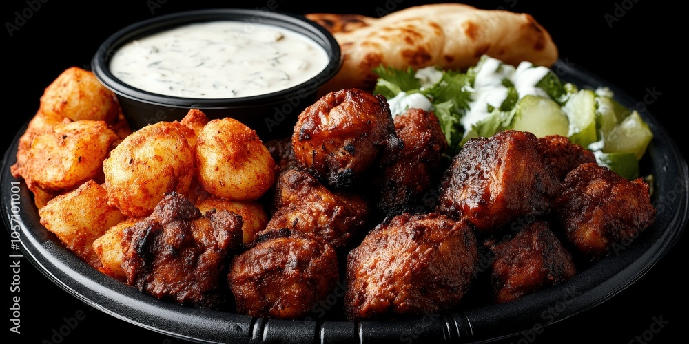 Fototapeta premium Delicious Indian Food Platter with Chicken Tikka Potato Naan and Yogurt Dip