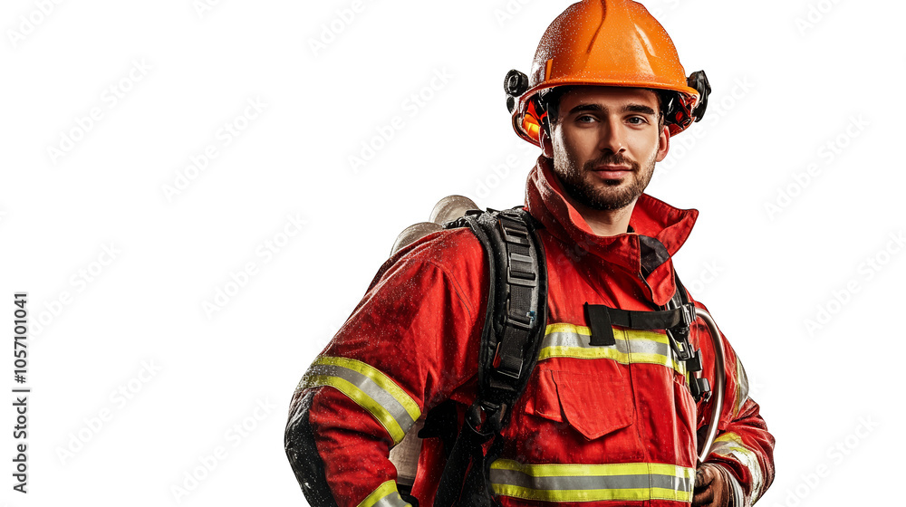 Fototapeta premium Daring firefighter in full gear, a portrait of courage, service, and protection in fire emergencies, ensuring safety
