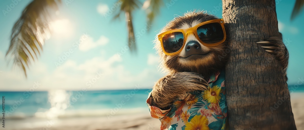 Naklejka premium Sloth in a floral shirt and sunglasses, hugging a palm tree on a sunny beach