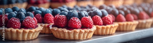 Rows of berrytopped tarts in a bakery display, vibrant fruits, soft lighting, delicious and inviting photo