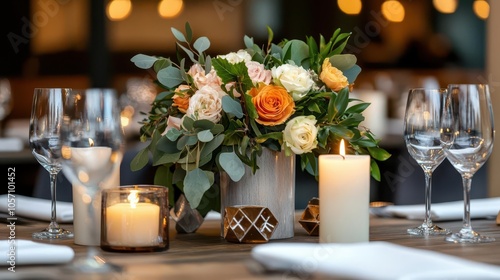 Hanukkahthemed table centerpiece with candles, dreidels, and fresh flowers, Hanukkah centerpiece, Elegant holiday styling photo