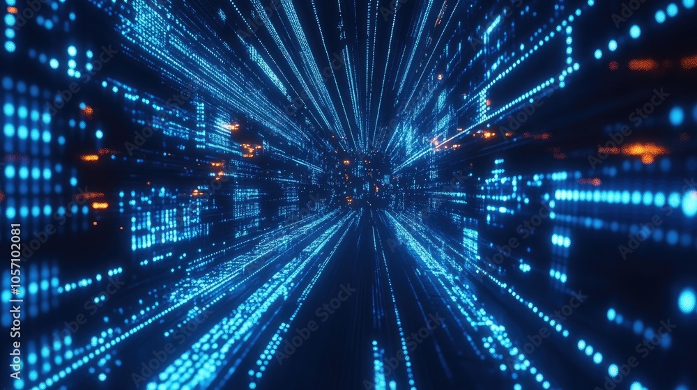 Abstract illustration of blue technology featuring photons and a big data network Abstract illustration of blue technology featuring photons and a big data network