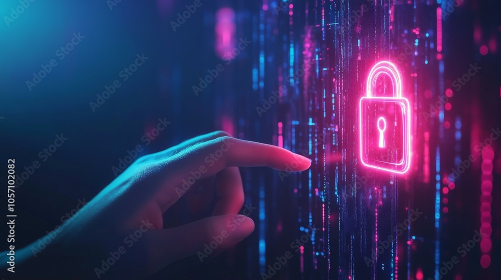 A finger touches the glowing digital padlock symbol on the right side of the screen A finger touches the glowing digital padlock symbol on the right side of the screen