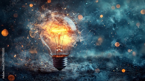 Abstract lightbulb with fiery explosion and particles photo