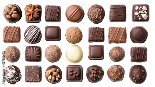 Exquisite chocolate assortment, a luxurious collection of dark, milk, and white chocolates on black background