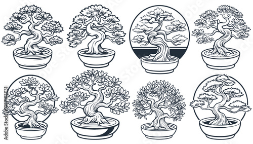 Asian culture set of elements. Collection with traditional symbols of asia. A colorful set of bonsai trees with detailed trunks and leaves. Growing in decorative pots