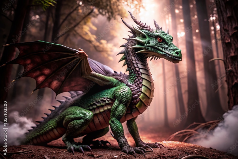 In the twilight forest, a small green dragon with multiple legs glimmers softly, its mysterious eyes watching, blending seamlessly into the shadows In the twilight forest, a small green dragon with multiple legs glimmers softly, its mysterious eyes watching, blending seamlessly into the shadows