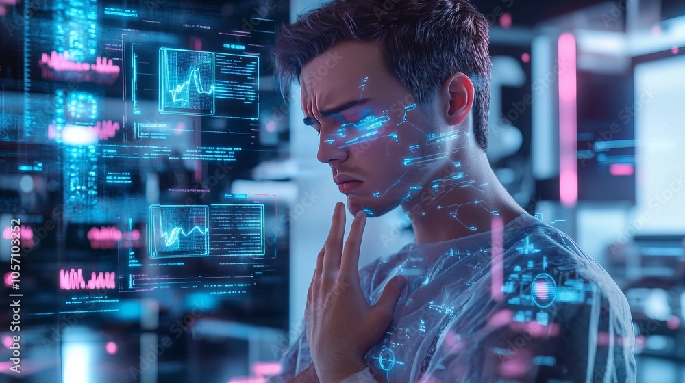 Young man contemplating data in a futuristic digital environment. Young man contemplating data in a futuristic digital environment.