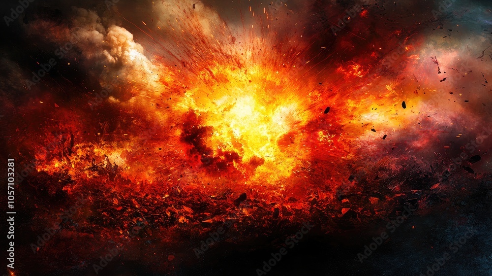 An explosion on a battlefield illustrating the turmoil scattered debris and the deep impacts of conflict An explosion on a battlefield illustrating the turmoil scattered debris and the deep impacts of conflict