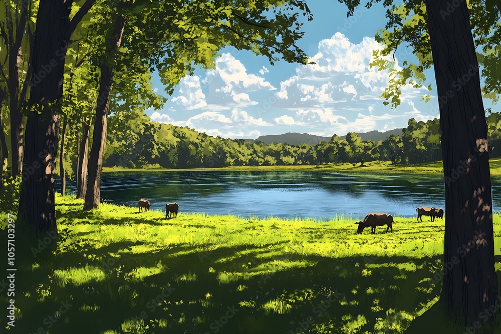 Obraz premium Pastoral Lake Scene with Cows Grazing in a Sunlit Meadow