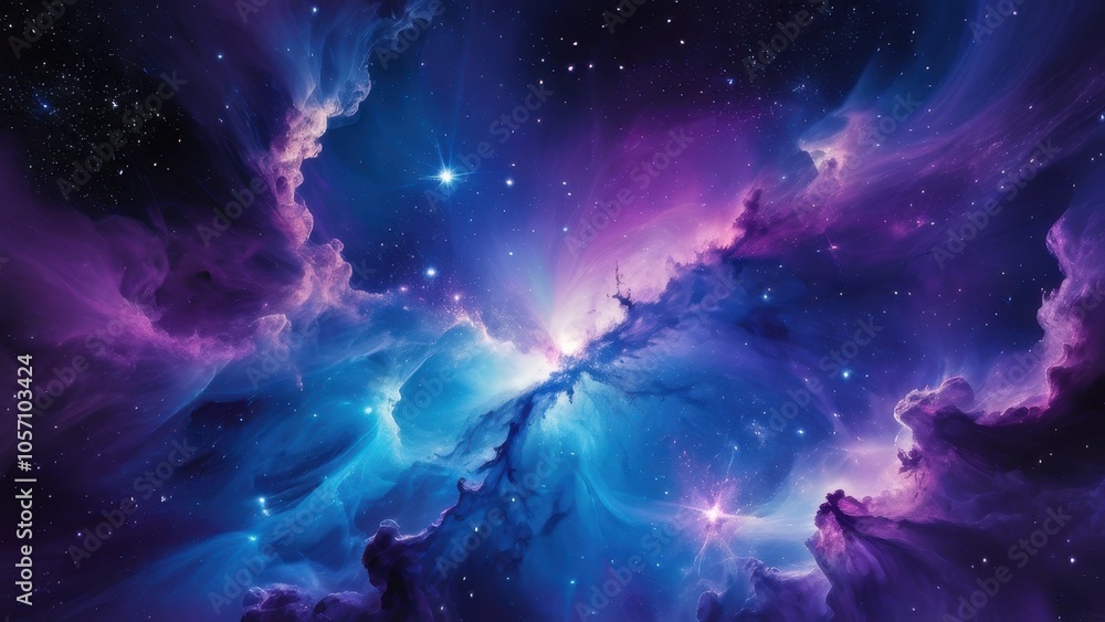 Obraz premium A stunning cosmic scene featuring vibrant swirls of purple, blue, and pink nebulae, illuminated by distant stars. Perfect for space enthusiasts and digital art lovers