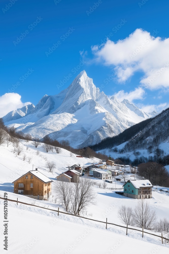 A mountain range with snow on it and houses in the valley below. The houses are small and brown, and the snow is covering the ground. The scene is peaceful and serene A mountain range with snow on it and houses in the valley below. The houses are small and brown, and the snow is covering the ground. The scene is peaceful and serene