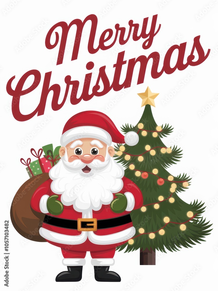 A santa claus holding a bag of presents in front of a christmas tree - Concepts A santa claus holding a bag of presents in front of a christmas tree - Concepts