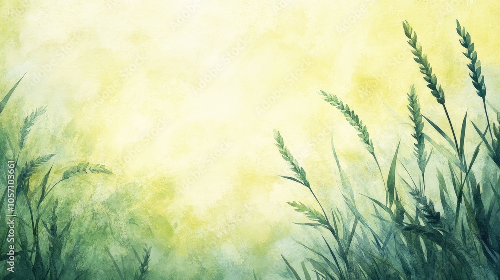 Abstract green wheat field backdrop illustrating agricultural themes complemented by a soft yellow blurred background depicting nature Abstract green wheat field backdrop illustrating agricultural themes complemented by a soft yellow blurred background depicting nature
