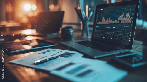 Work desk with laptop and financial charts in warm lighting photo