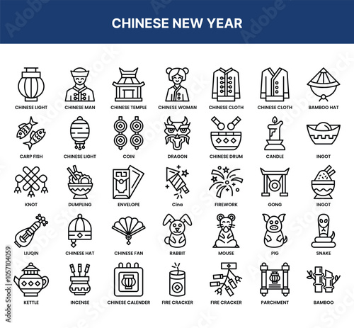 A collection of icons depicting Chinese New Year traditions. Includes symbols like dragon, lantern, and firecracker.