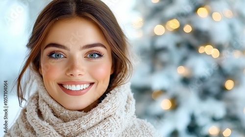 Smiling woman in winter attire with a snowy, festive background, AI