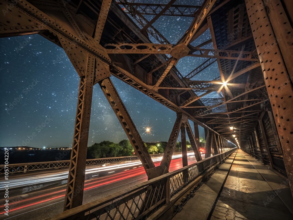 Fototapeta premium Inner Details of a Majestic Iron Bridge at Night - Captivating Night Photography of Architectural Structure