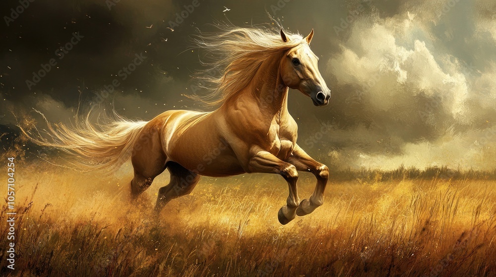 A majestic horse running freely in an expansive field representing strength and liberation A majestic horse running freely in an expansive field representing strength and liberation