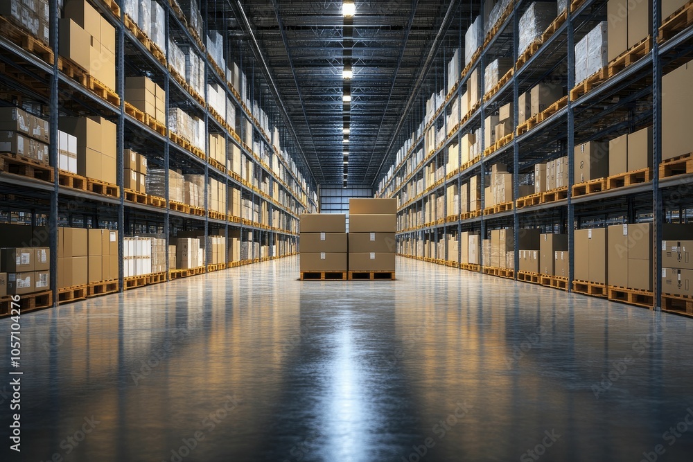 Shelves stocked with boxes, clean and spacious, high-contrast lighting Shelves stocked with boxes, clean and spacious, high-contrast lighting