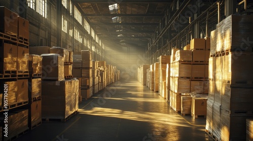 Sturdy warehouse shelving, aligned boxes, and gentle shadows create an atmosphere of organized efficiency.