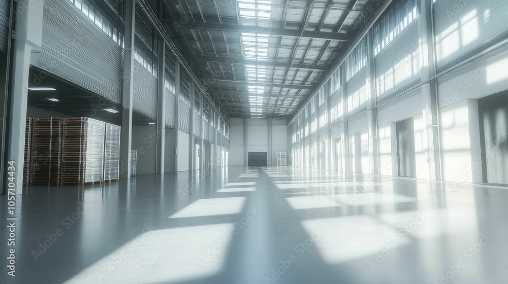Storage racks in a large industrial warehouse, clean lines, natural light Storage racks in a large industrial warehouse, clean lines, natural light